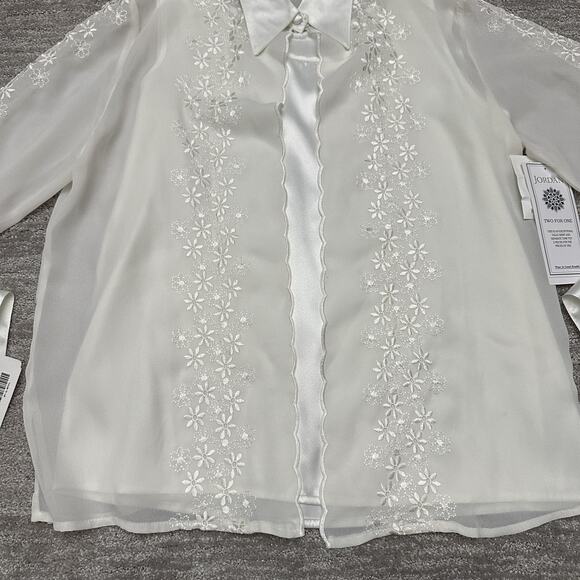 VTG Jordan Shirt Womens M Sheer Embroidered Floral Button Blouse Secretary 90s - Picture 4 of 16
